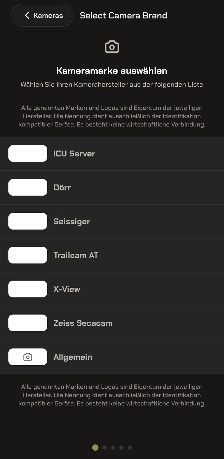 Modernhunter App: Liste der Kameramarken mit dem Eintrag Zeiss Secacam