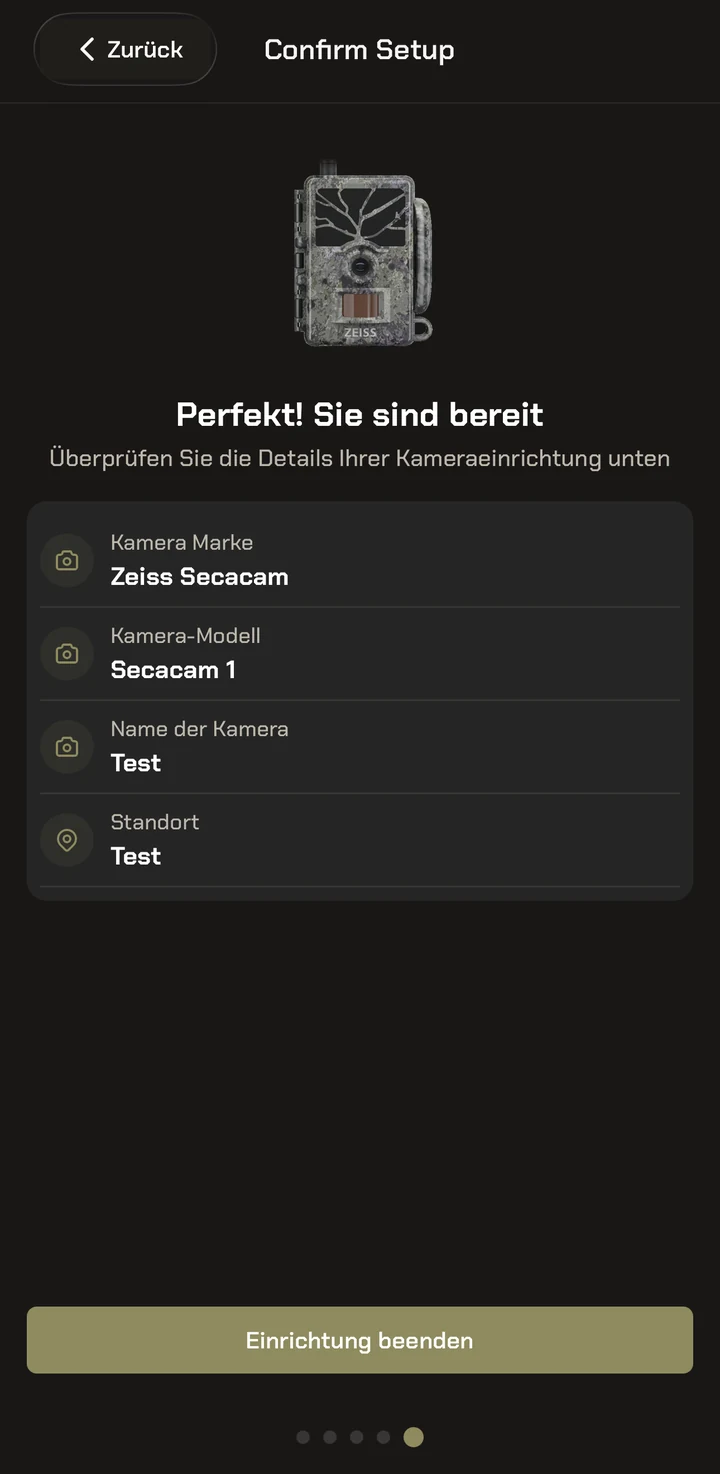 Modernhunter App: Zusammenfassung der Kameraeinrichtung mit Marke, Modell, Name und Standort