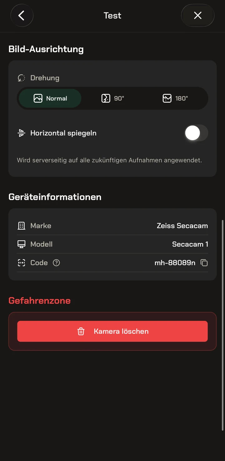 Modernhunter App: Bereich Geräteinformationen mit Marke, Modell und dem individuellen Kamera-Code samt Copy-Symbol daneben
