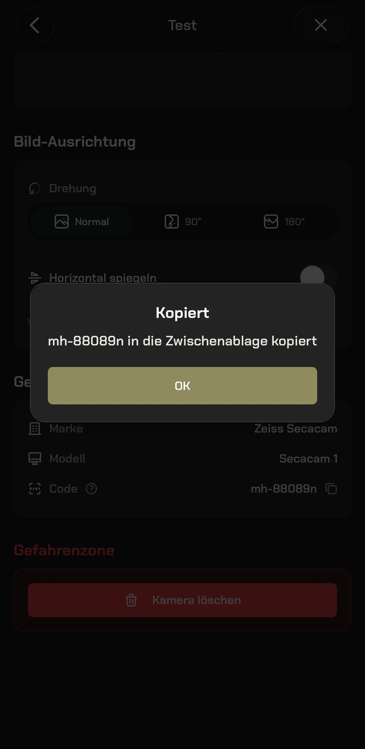 Modernhunter App: Bestätigung, dass der individuelle Kamera-Code in die Zwischenablage kopiert wurde